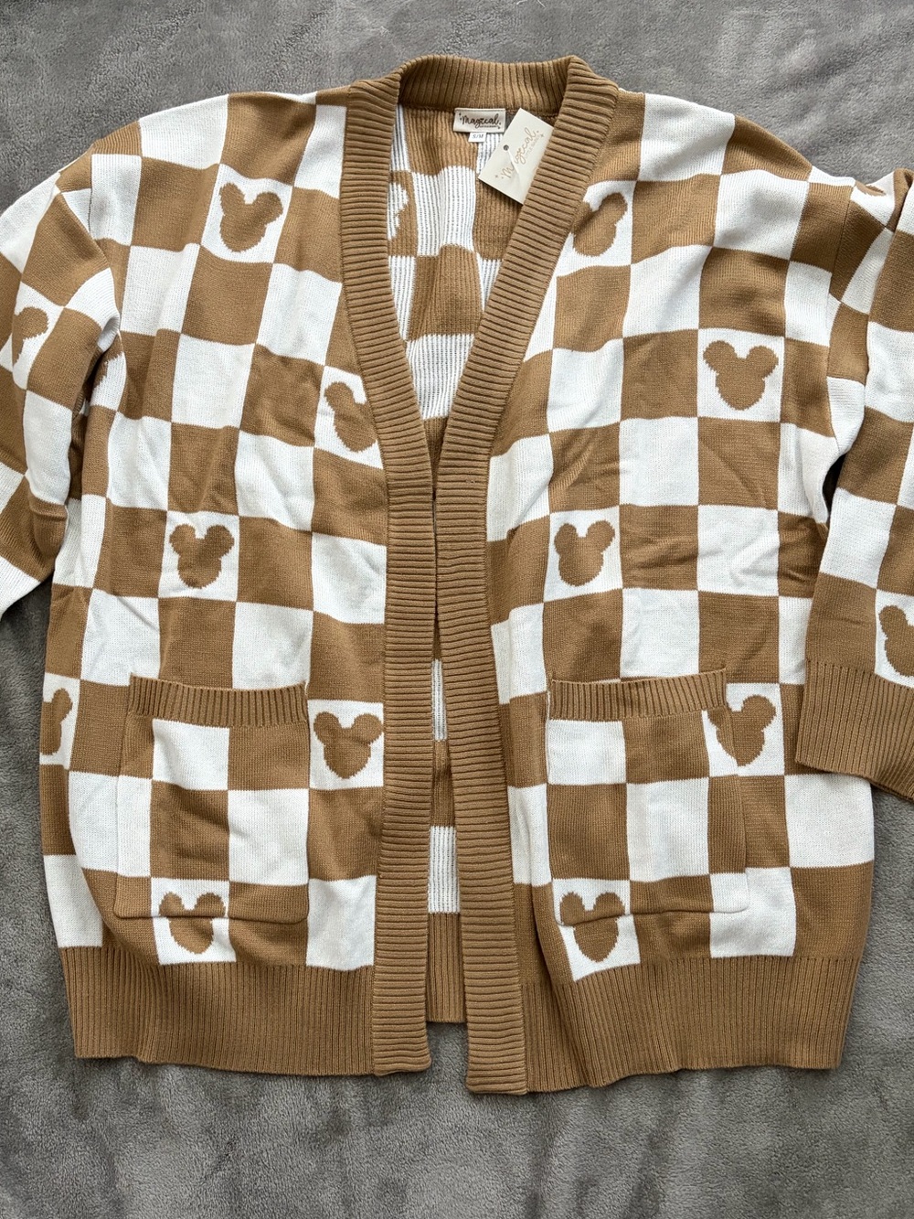 Checkerboard Mickey Cardigan in Camel & White